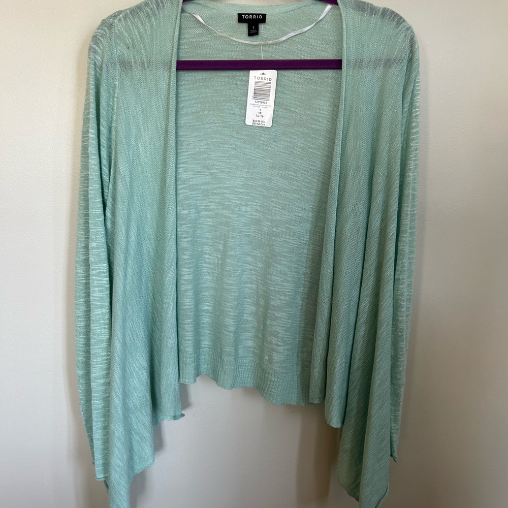 Torrid Sheer Light Green Open Front Cardigan size 1, 14 XL